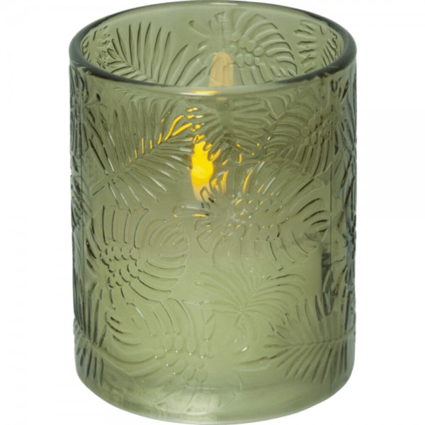 Star Trading 061-72 LED-Wachskerze "Flamme Leaf" in grünem Glas, mit Blattmuster, ca. 8,5x12,5 cm, r