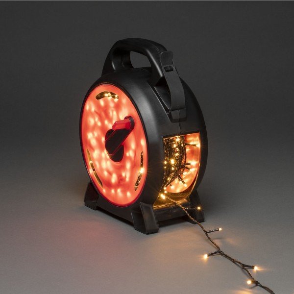 Konstsmide 3836-807 Micro LED Lichterkette mit Kabelaufroller, schwarz-rot, 600 bernsteinfarbene Dio