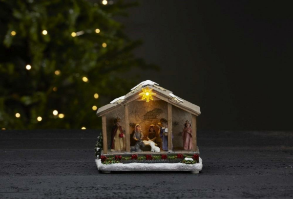Star Trading 992-08 LED-Krippe "Nativity", ca. 19x15 cm, bunt, 3 warmwhite LED, Batterie, Timer