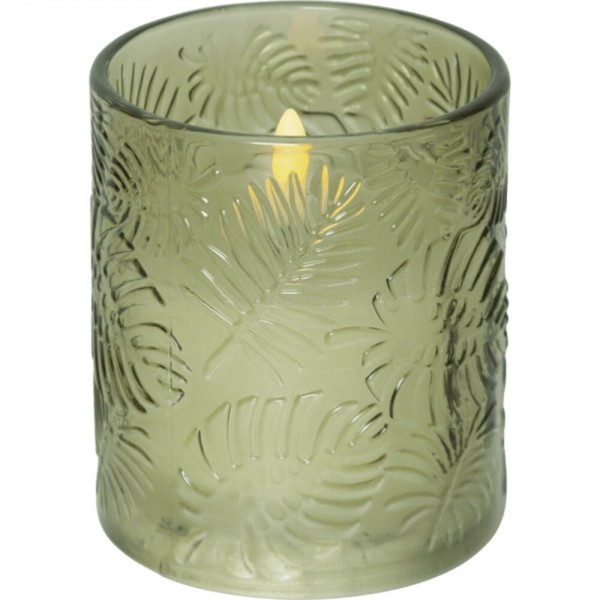Star Trading 061-71 LED-Wachskerze "Flamme Leaf" in grünem Glas, mit Blattmuster, ca. 8,5x10 cm, rea